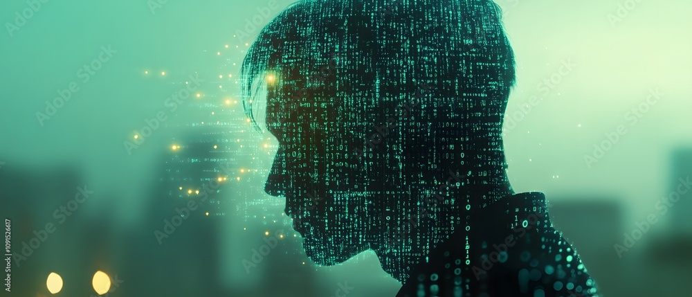 Fototapete Digital Transformation: A Silhouetted Profile Merged with Floating Binary Code and Glowing Particles Against a Futuristic Backdrop