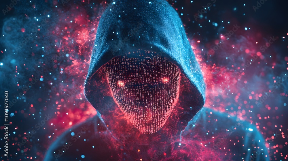 Fototapete Mysterious figure in a digital hoodie, composed of glowing binary code, set against a dynamic cosmic background with vibrant colors of blue and red, evoking themes of technology and secrecy.