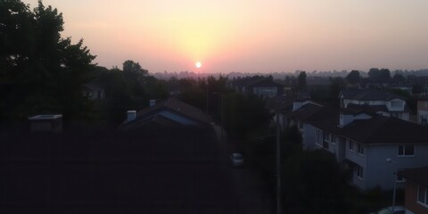Quiet neighborhood at dawn with soft glow on rooftops and trees, cityscape, morning