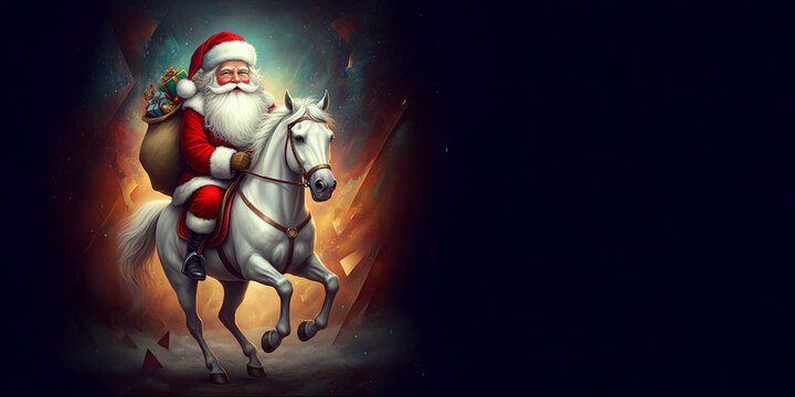 Santa Claus Ridign a Horse, Saint Nick, Merry Christmas Card, Holiday Celebration, Funny 
