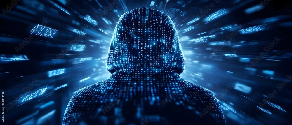 Aufkleber Mysterious Figure in Hoodie Surrounded by Digital Data Streams Illustrating Themes of Cybersecurity, Hacking, and Information Technology Challenges