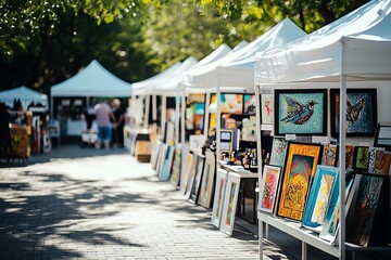 Art vendors display unique creations outdoors.