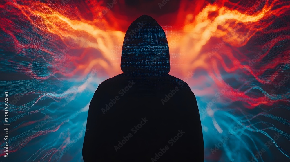 Poster Mysterious Figure in Hoodie Surrounded by Colorful Data Streams Representing Digital Cybersecurity and Online Privacy Threats in a Futuristic Setting