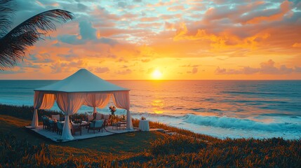 Beautiful sunset over a beachside pavilion.