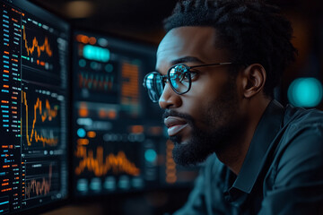 Fototapeta premium A financial expert using AI tools to predict stock market trends, with graphs and projections appearing dynamically on screens