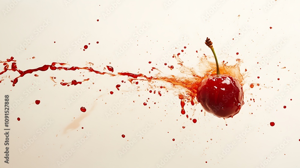Aufkleber a single cherry exploding in a red juice splash