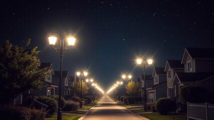 Fototapeta premium Quiet suburban street at night with glowing street lamps and a canopy of twinkling stars above, tranquil, serene