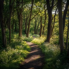Obraz premium Early summer in the woodlands of Brayford in North Devon, UK. A beautiful shady walk