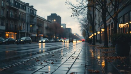 Rainy fall evening setting with wet leaves, sidewalks, and gentle drizzle, wet, raindrops