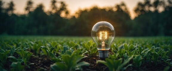 A glowing light bulb with a green leaf inside it, standing in the middle of a field of green plants. Peaceful and serene renewable energy header concept. Healthy eco electricity illustration concept.