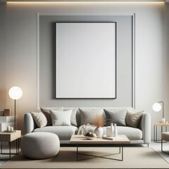 Modern minimalist living room interior with a cozy beige sofa, neutral decor, and a large blank canvas for customization, perfect for design or staging concepts