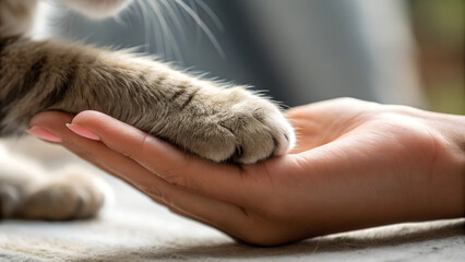 Closeup: Katzenpfote in einer menschlichen Hand