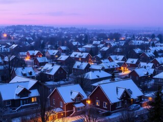 Obraz premium Snow-covered houses in a peaceful neighborhood glowing under a soft pink sunrise, morning, scenic