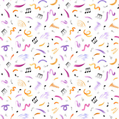Watercolor flying multicolored line doodle and black music notes seamless pattern in musical style. Orange, purple brush strokes in kid naive shapes. Ornate for music party decor, scrapbook paper