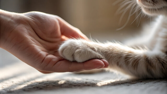 Closeup: Katzenpfote in einer menschlichen Hand