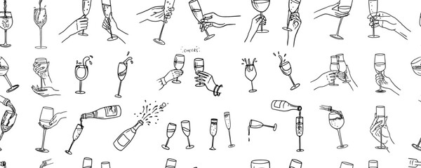 Seamless pattern of hands with champagne glasses, wine glasses, champagne bottles. Cheers. Alcoholic drinks. Great for bar menu, banner, greeting card, holiday, wedding, celebration. Hand drawn