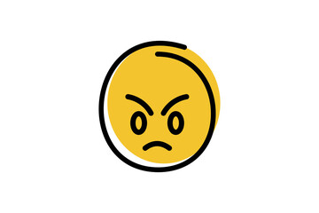 Angry face emoji in abstract line art with yellow base color. Emoticon vector icon. PNG transparent background. © MUN