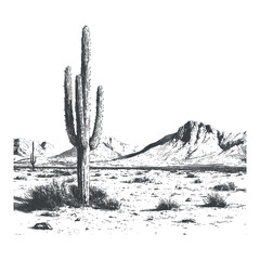 Retro photocopy Arizona desert for t-shirt print. Halftone poster. Concept of Wild West. Monochrome vector graphics. Contemporary illustration with dotted texture.