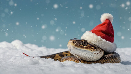 Beautiful close up portrait of a cute brown and yellow snake wearing red Santa Claus hat, laying on the snow. Chinese New Year 2025 illustration concept.	