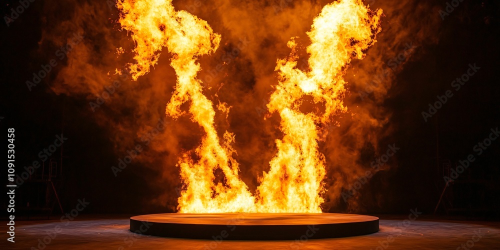Poster Vibrant circus stage concept. A dramatic display of flames emanates from a circular platform, creating a captivating and intense visual effect against a dark backdrop.