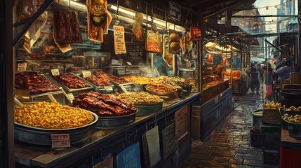 Fototapeta premium A bustling street food market with a variety of dishes and food vendors.