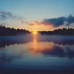 Obraz premium Sunrise with fog forming over a lake in Sweden, at dawn. Romantic silence