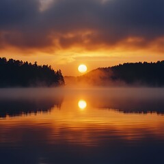 Obraz premium Sunrise with fog forming over a lake in Sweden, at dawn. Romantic silence