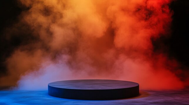 Vibrant circus stage concept. A circular platform surrounded by colorful smoke, creating a dramatic atmosphere ideal for a performance or presentation.