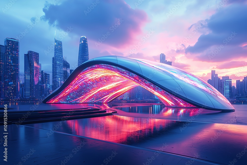 Poster futuristic building design with colorful lights.