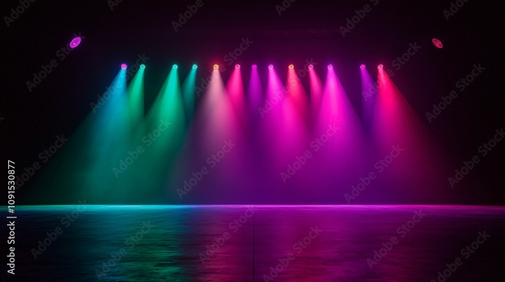 Poster vibrant circus stage concept. a vibrant display of stage lights in various colors illuminating a dar