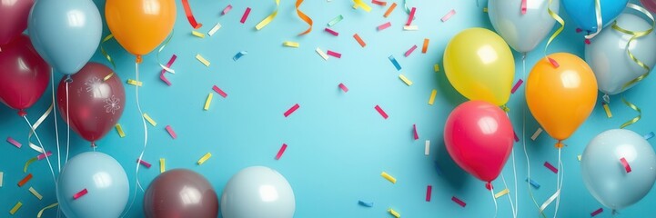 A colorful and festive birthday background with balloons, streamers, and confetti, party, happy