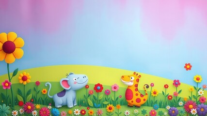 Fototapeta premium A colorful and whimsical backdrop filled with cartoon animals and oversized flowers, perfect for adding a touch of humor to any project, project, flowers