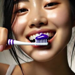 Healthy Smile and Gleaming Skin – Woman Brushing Teeth with Purple Toothbrush