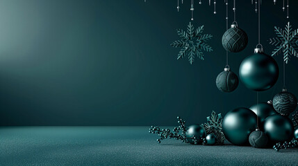 Christmas background with teal green color, dark blue, and snowflakes. Christmas balls hanging on the right side of the banner. Design for website or social media banners, greeting cards