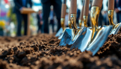 Close-up ceremonial shovels in soil, sunlit, ribbons, and blurred festive groundbreaking scene.

