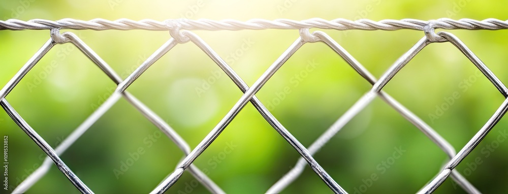 Poster captivating close-up of a chain-link fence with a blurred verdant backdrop perfect for creative text