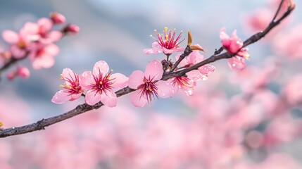 Obraz premium Delicate pink cherry blossoms blooming on a branch in soft focus.