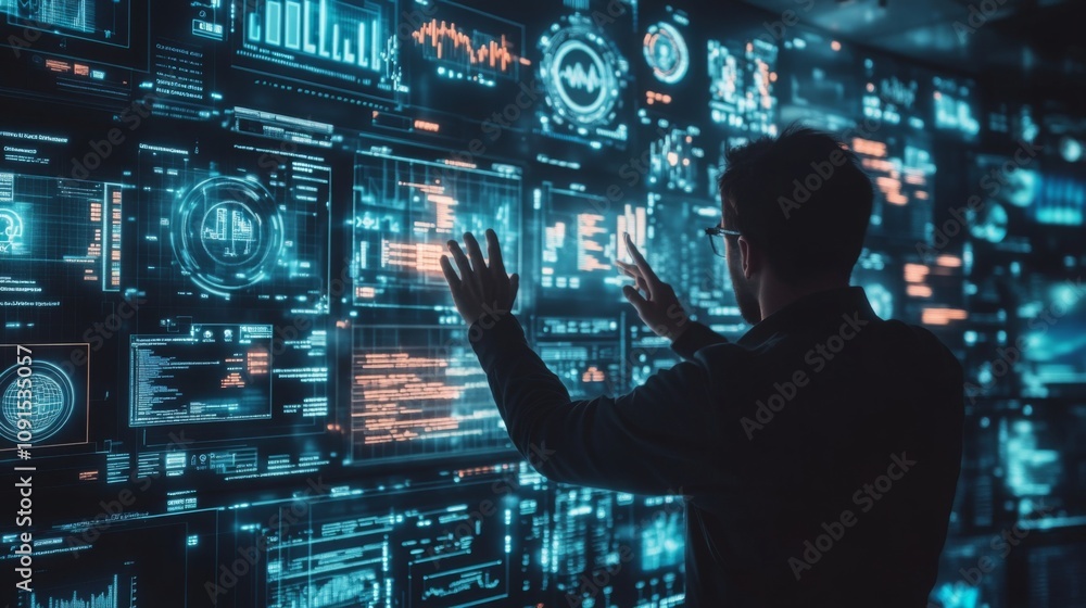 Poster A person stands before an advanced digital display, using hand gestures to manipulate data panels.