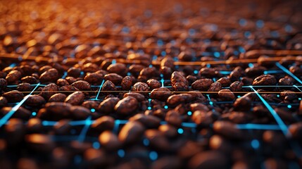 Fototapeta premium Close-Up of Intertwined Cocoa Beans with Glowing Accents Highlighting Textures and Details for Stunning Visual Appeal