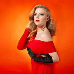 Glamorous Woman in Red Dress with Beauty Makeup