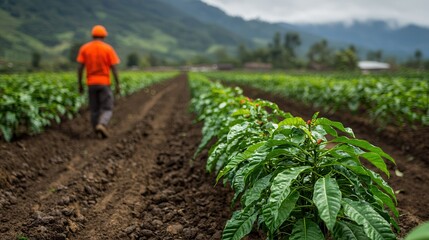 A Scenic View of a Cocoa Plantation with Lush Green Crops and a Worker in a Rustic Landscape under Dramatic Sky and Mountain Backdrop