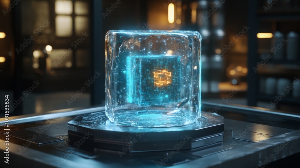 Poster A small, glowing cube encased in a transparent, crystalline block sits on a dark platform. The cube emits a soft, blue light with orange circuitry visible within.