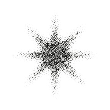 Halftone star with dot gradient and burst effect. Grainy noise pattern creates abstract figure. Flat vector illustration isolated on white background.
