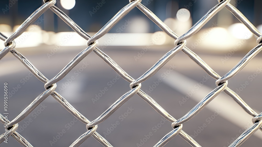 Poster exploring the intricate details of a chain-link fence with a softly blurred urban background at dusk