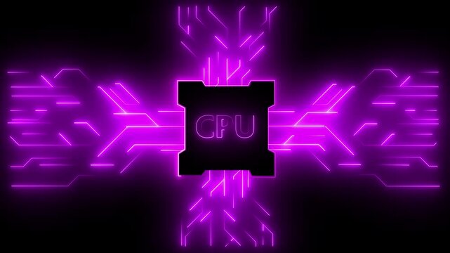 Circuit board with moving electrons and central processing unit CPU. Central Processing Unit. Futuristic Animation Inside Computer Motherboard.