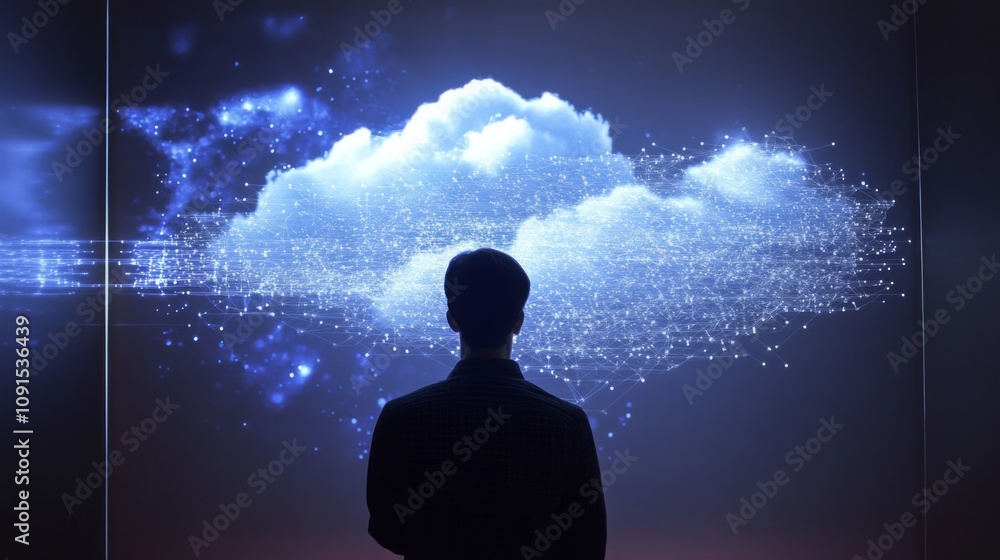 Poster In a dimly lit space, an individual stands in front of a vibrant cloud projection, surrounded by glowing particles that create an ethereal atmosphere, evoking a sense of wonder and exploration.
