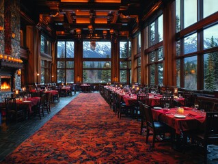 Fototapeta premium Elegant dining room with mountain views, featuring tables and a cozy fireplace.