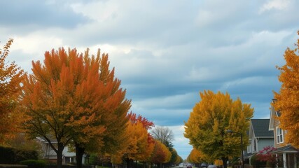 Obraz premium Autumn scene with golden leaves and overcast sky in suburban street, neighborhood, environment