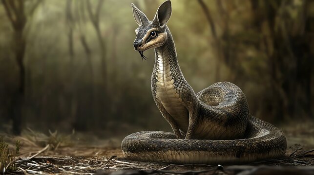 A mystical creature with features of a snake and a rabbit, blending seamlessly into an enchanting forest setting.