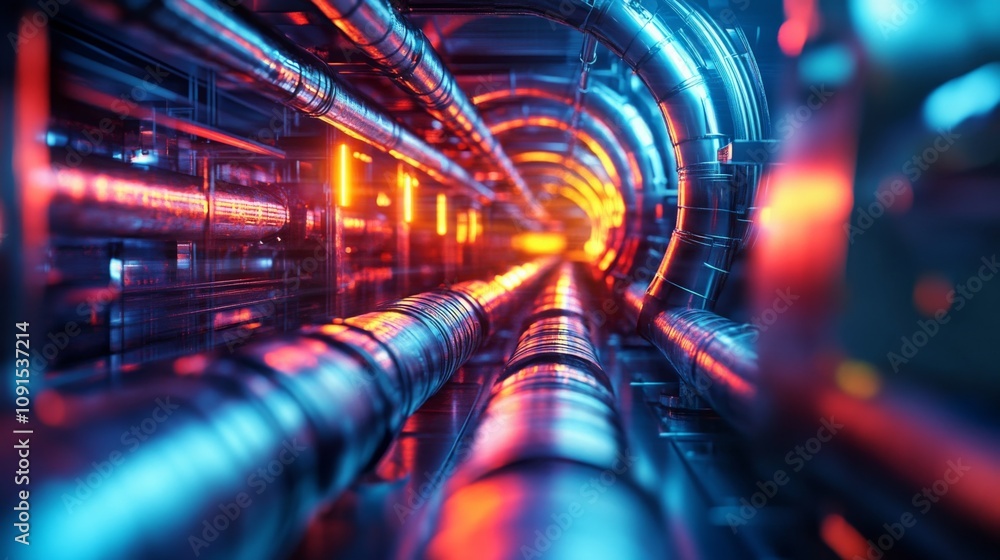 Poster The image shows a close-up of a tunnel with a network of pipes. The pipes are illuminated in a vibrant red and blue light, creating a futuristic aesthetic.